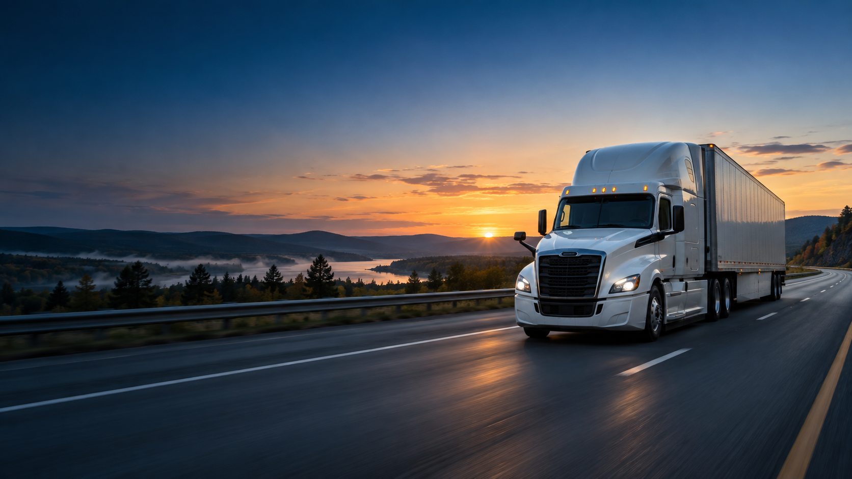 White freight truck traveling on an open highway
